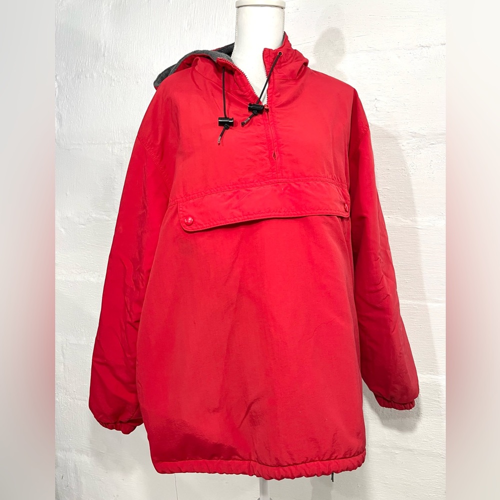 VINTAGE J.CREW OARSMAN RED NYLON FLEECE LINED ANORAK PULLOVER JACKET